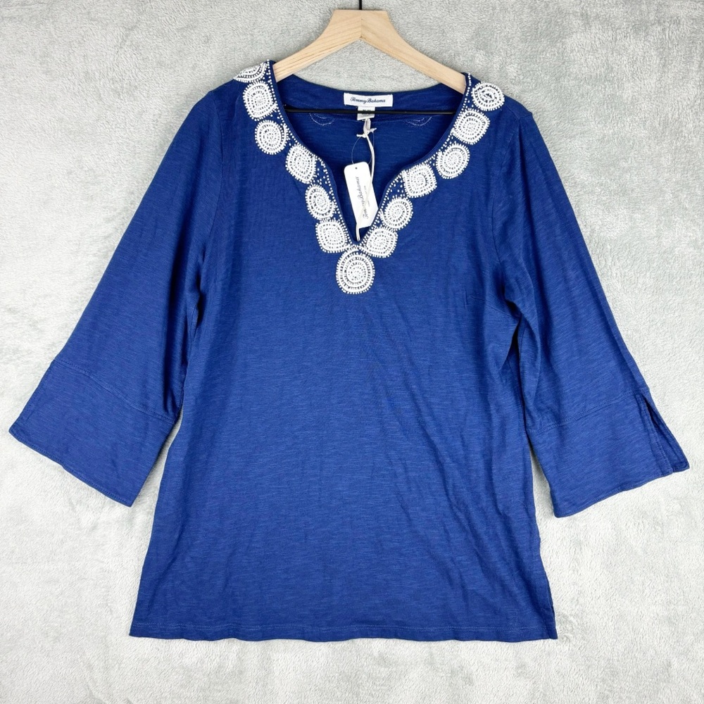 Tommy Bahama Top Women Medium Royal Blue Keira Isle Of Bliss Tunic‎ Beaded